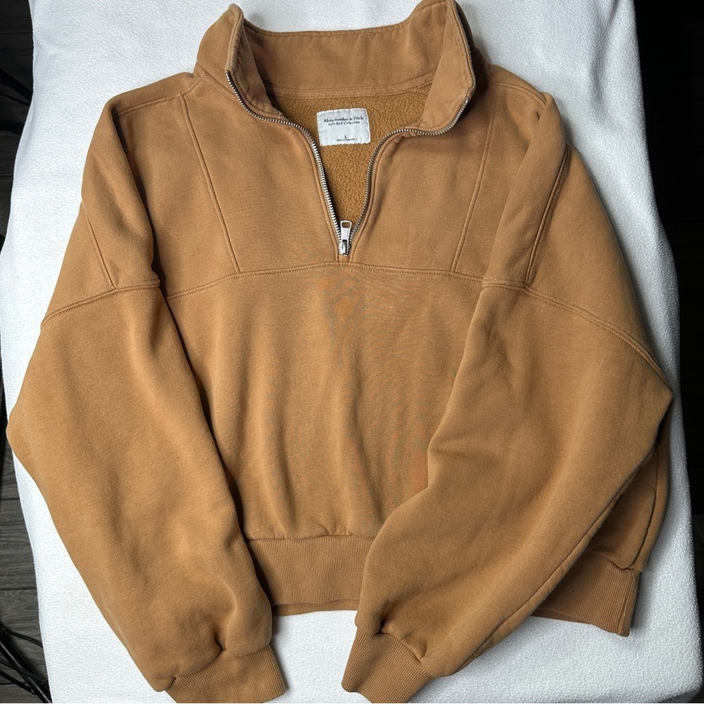 Abercrombie & Fitch Soft AF Cropped Quarter Zip Pullover Sweater - Camel Tan